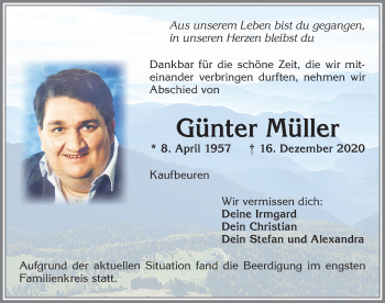 Traueranzeige von Günter Müller von Allgäuer Zeitung, Kaufbeuren/Buchloe