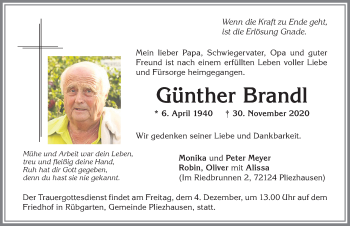 Traueranzeige von Günther Brandl von Allgäuer Zeitung,Kempten