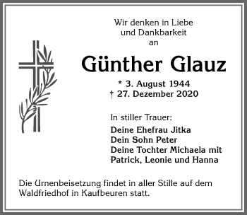 Traueranzeige von Günther Glauz von Allgäuer Zeitung, Kaufbeuren/Buchloe