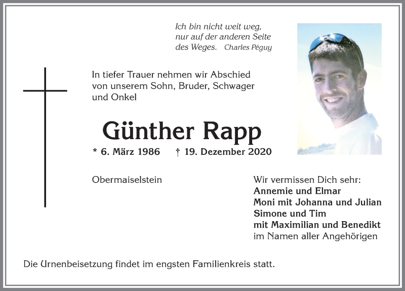  Traueranzeige für Günther Rapp vom 23.12.2020 aus Allgäuer Anzeigeblatt