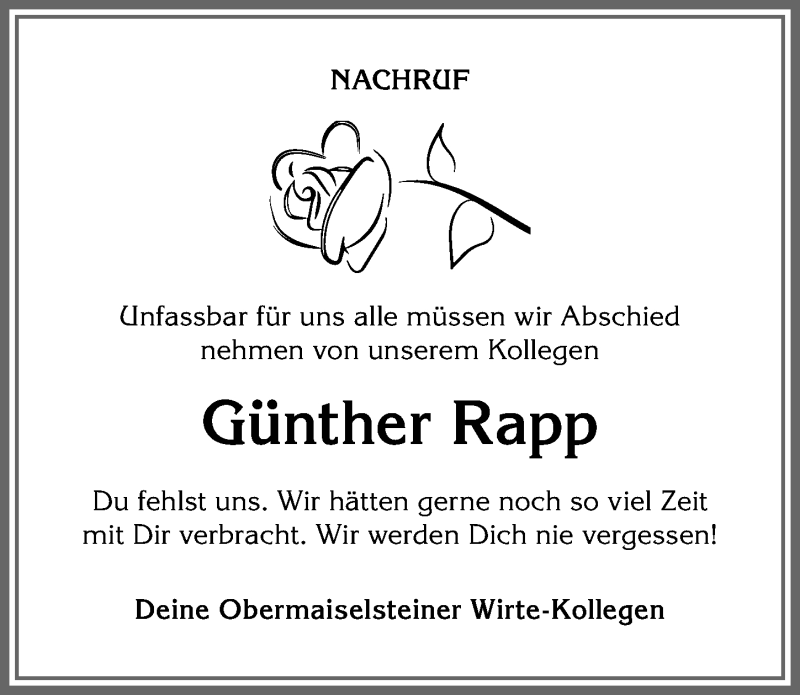  Traueranzeige für Günther Rapp vom 24.12.2020 aus Allgäuer Anzeigeblatt