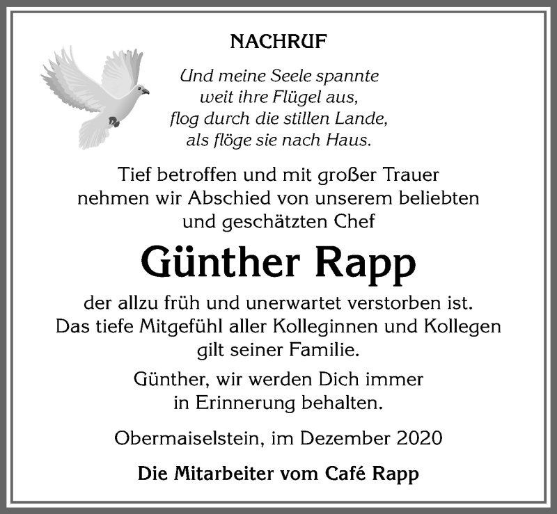  Traueranzeige für Günther Rapp vom 24.12.2020 aus Allgäuer Anzeigeblatt