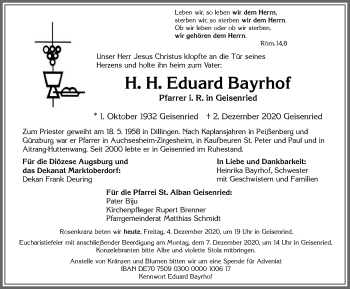 Traueranzeige von H. H. Eduard Bayrhof von Allgäuer Zeitung