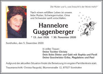 Traueranzeige von Hannelore Guggenberger von Allgäuer Anzeigeblatt