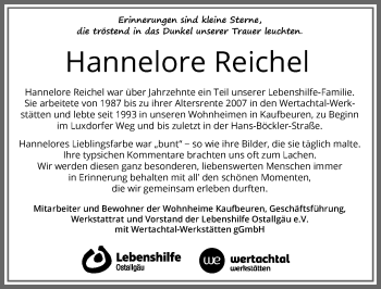 Traueranzeige von Hannelore Reichel von Allgäuer Zeitung, Kaufbeuren/Buchloe