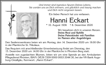 Traueranzeige von Hanni Eckart von Allgäuer Zeitung, Füssen