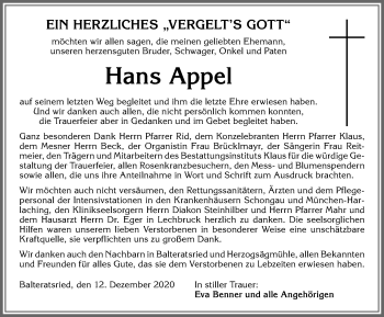 Traueranzeige von Hans Appel von Allgäuer Zeitung, Marktoberdorf