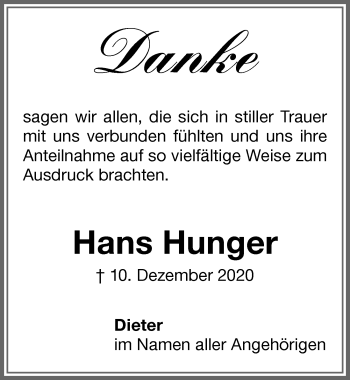 Traueranzeige von Hans Hunger von Memminger Zeitung