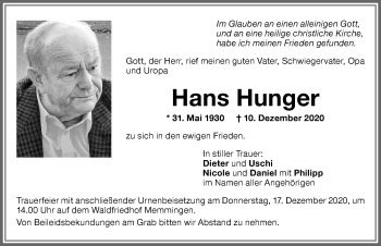 Traueranzeige von Hans Hunger von Memminger Zeitung