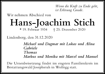 Traueranzeige von Hans-Joachim Stich von Der Westallgäuer