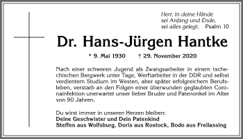 Traueranzeige von Hans-Jürgen Hantke von Allgäuer Zeitung,Kempten