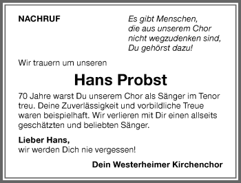 Traueranzeige von Hans Probst von Memminger Zeitung