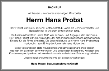 Traueranzeige von Hans Probst von Memminger Zeitung