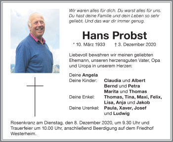 Traueranzeige von Hans Probst von Memminger Zeitung