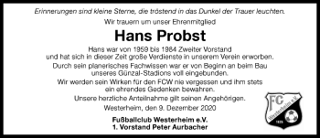 Traueranzeige von Hans Probst von Memminger Zeitung