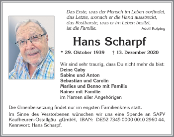Traueranzeige von Hans Scharpf von Allgäuer Zeitung, Kaufbeuren/Buchloe