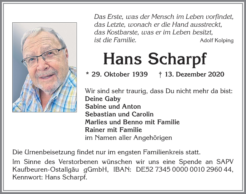  Traueranzeige für Hans Scharpf vom 19.12.2020 aus Allgäuer Zeitung, Kaufbeuren/Buchloe