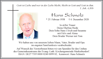 Traueranzeige von Hans Schmelz von Allgäuer Zeitung, Marktoberdorf
