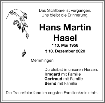 Traueranzeige von Hans Martin Hasel von Memminger Zeitung