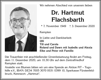Traueranzeige von Hartmut Flachsbarth von Allgäuer Zeitung,Kempten