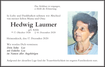 Traueranzeige von Hedwig Laumer von Der Westallgäuer