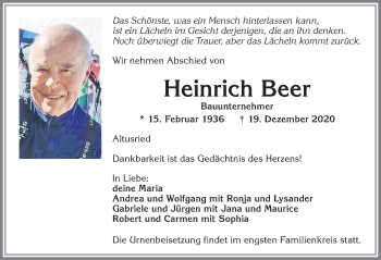Traueranzeige von Heinrich Beer von Allgäuer Zeitung,Kempten
