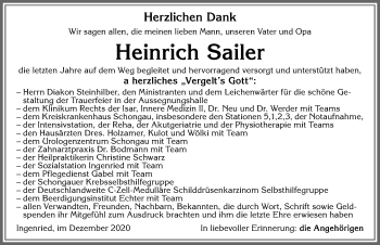 Traueranzeige von Heinrich Sailer von Allgäuer Zeitung, Marktoberdorf