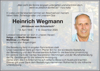 Traueranzeige von Heinrich Wegmann von Memminger Zeitung