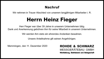 Traueranzeige von Heinz Fieger von Memminger Zeitung