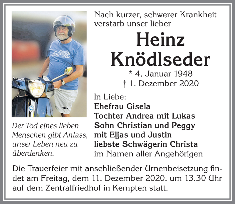  Traueranzeige für Heinz Knödlseder vom 05.12.2020 aus Allgäuer Zeitung,Kempten