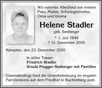 Traueranzeige von Helene Stadler von Allgäuer Zeitung,Kempten