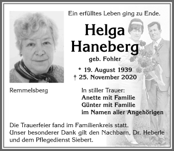 Traueranzeige von Helga Haneberg von Allgäuer Zeitung, Marktoberdorf