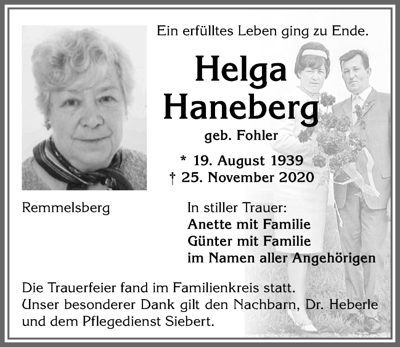  Traueranzeige für Helga Haneberg vom 12.12.2020 aus Allgäuer Zeitung, Marktoberdorf