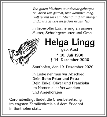 Traueranzeige von Helga Lingg von Allgäuer Anzeigeblatt