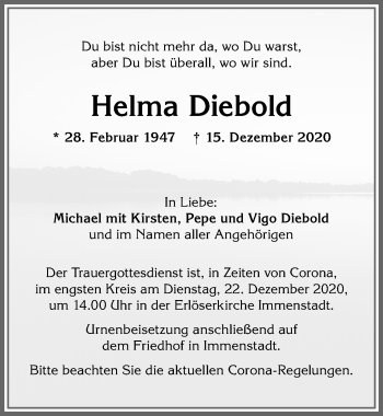 Traueranzeige von Helma Diebold von Allgäuer Anzeigeblatt