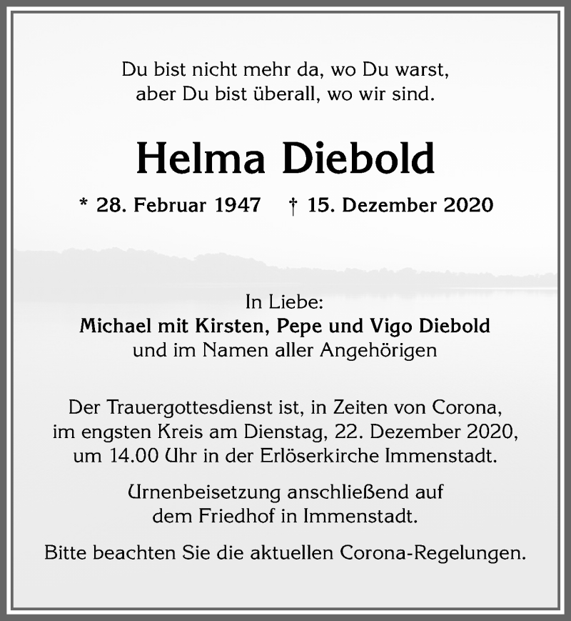  Traueranzeige für Helma Diebold vom 19.12.2020 aus Allgäuer Anzeigeblatt