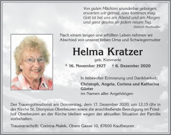Traueranzeige von Helma Kratzer von Allgäuer Zeitung, Kaufbeuren/Buchloe