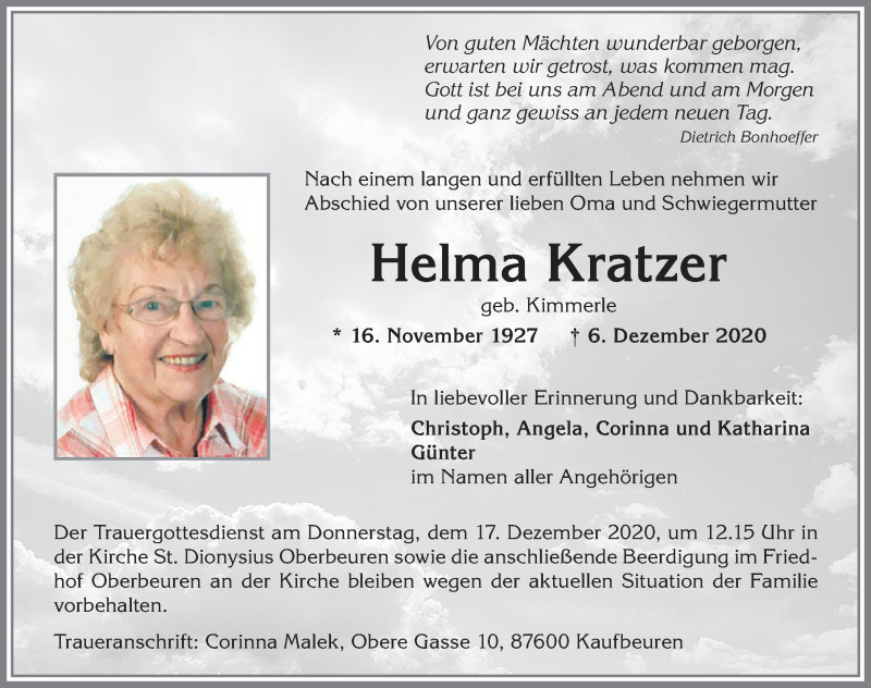  Traueranzeige für Helma Kratzer vom 12.12.2020 aus Allgäuer Zeitung, Kaufbeuren/Buchloe