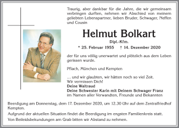 Traueranzeige von Helmut Bolkart von Allgäuer Zeitung,Kempten