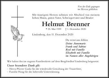 Traueranzeige von Helmut Brenner von Der Westallgäuer
