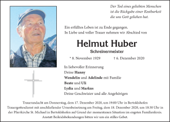 Traueranzeige von Helmut Huber von Allgäuer Zeitung, Marktoberdorf