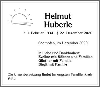 Traueranzeige von Helmut Huberle von Allgäuer Anzeigeblatt