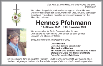 Traueranzeige von Hennes Pfohmann von Memminger Zeitung