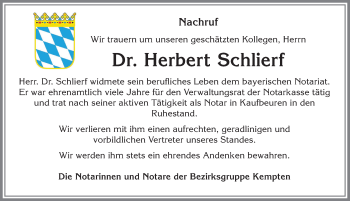 Traueranzeige von Herbert Schlierf von Allgäuer Zeitung, Kaufbeuren/Buchloe