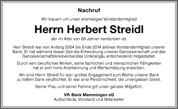 Traueranzeige von Herbert Streidl von Memminger Zeitung