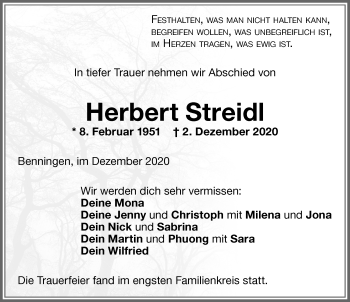 Traueranzeige von Herbert Streidl von Allgäuer Zeitung