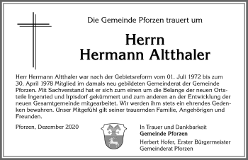 Traueranzeige von Hermann Altthaler von Allgäuer Zeitung, Kaufbeuren/Buchloe