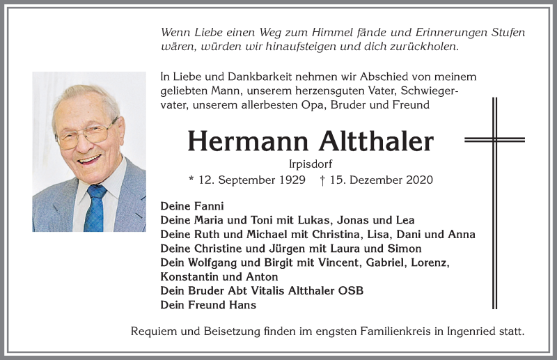  Traueranzeige für Hermann Altthaler vom 18.12.2020 aus Allgäuer Zeitung, Kaufbeuren/Buchloe