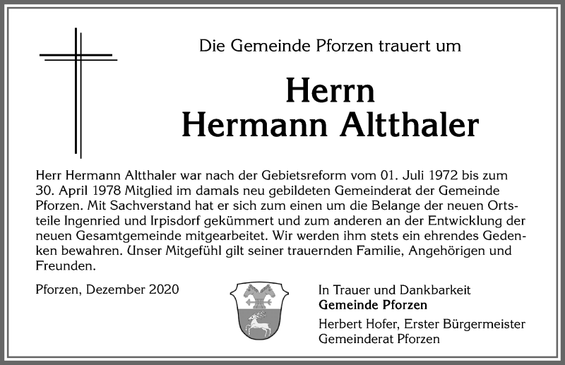  Traueranzeige für Hermann Altthaler vom 19.12.2020 aus Allgäuer Zeitung, Kaufbeuren/Buchloe