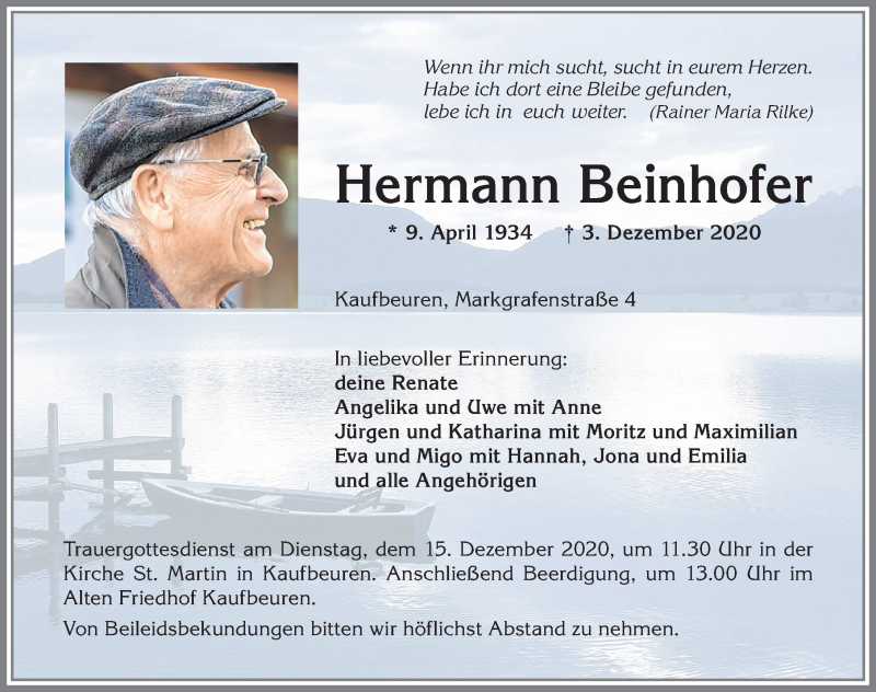  Traueranzeige für Hermann Beinhofer vom 10.12.2020 aus Allgäuer Zeitung